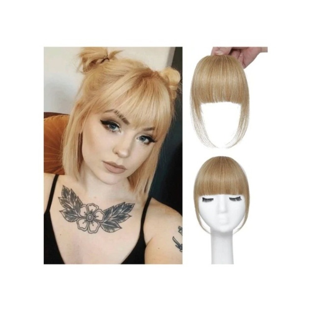ELEFOCUS Clip in Bangs 100% Human Hair Honey Blonde French Fringe with Temples